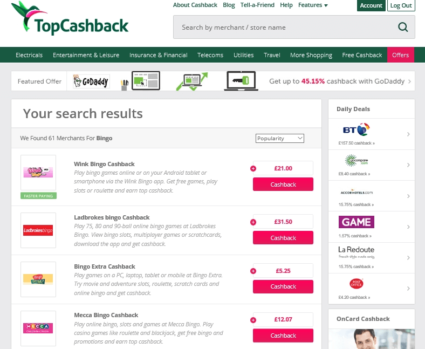 UK Topcashback Site search page