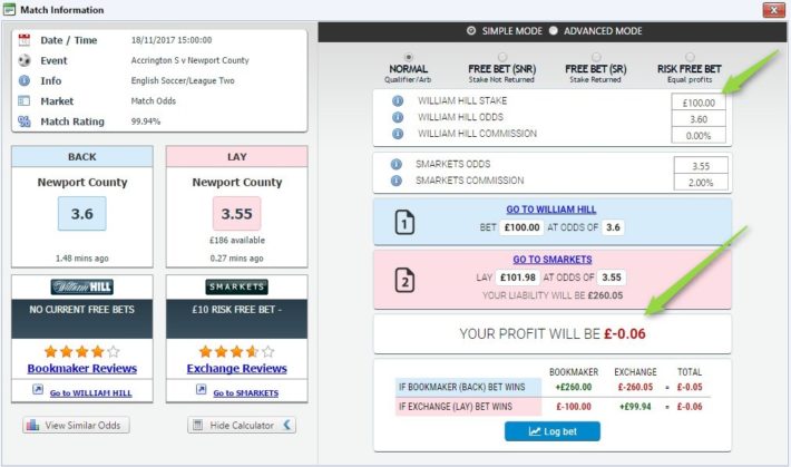 Sports Arbitrage Exchange William Hill Calculation