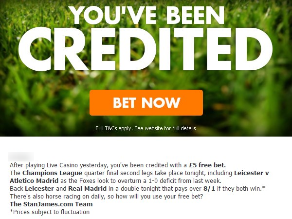 Betting Promotions StanJames Free Bet Credited Mail