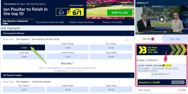 betting golf majors, william hill boosted betslip