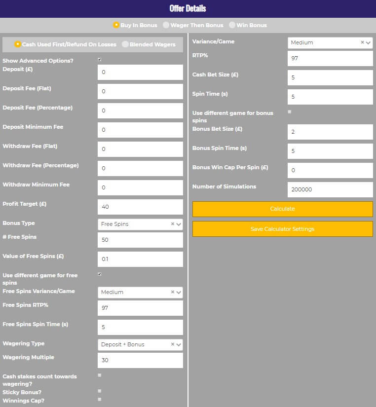 Casino Calculator Variables Input