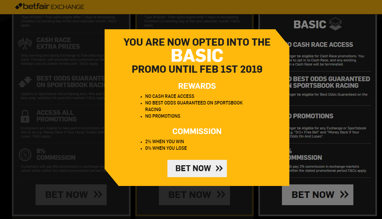 Betfair Exchange Reduced Commission Promotion Basic Confirmation