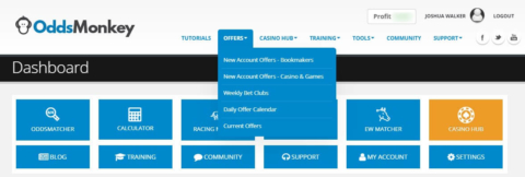 oddsmonkey dashboard with offer menu