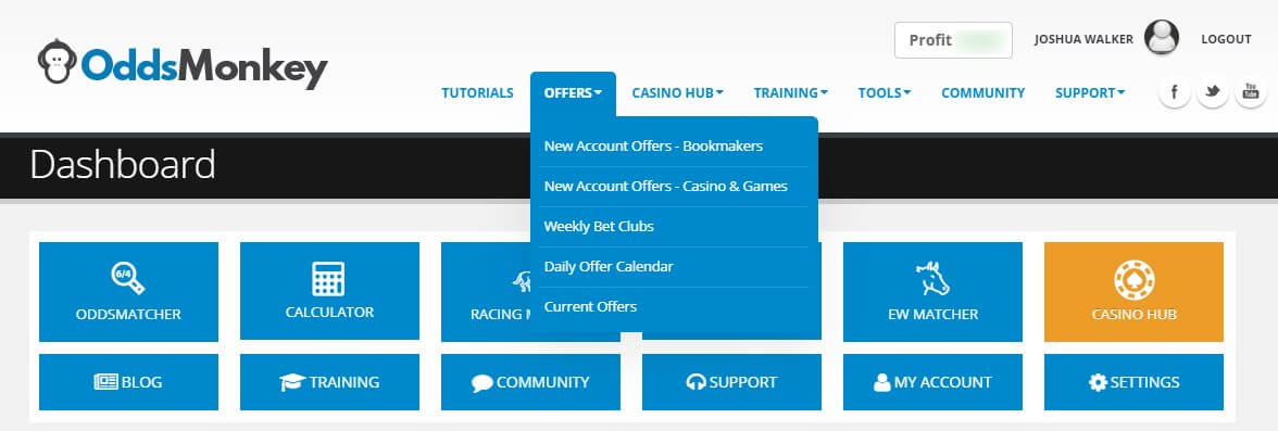 oddsmonkey dashboard with offer menu