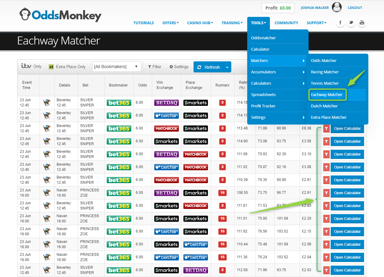 oddsmonkey each way matcher