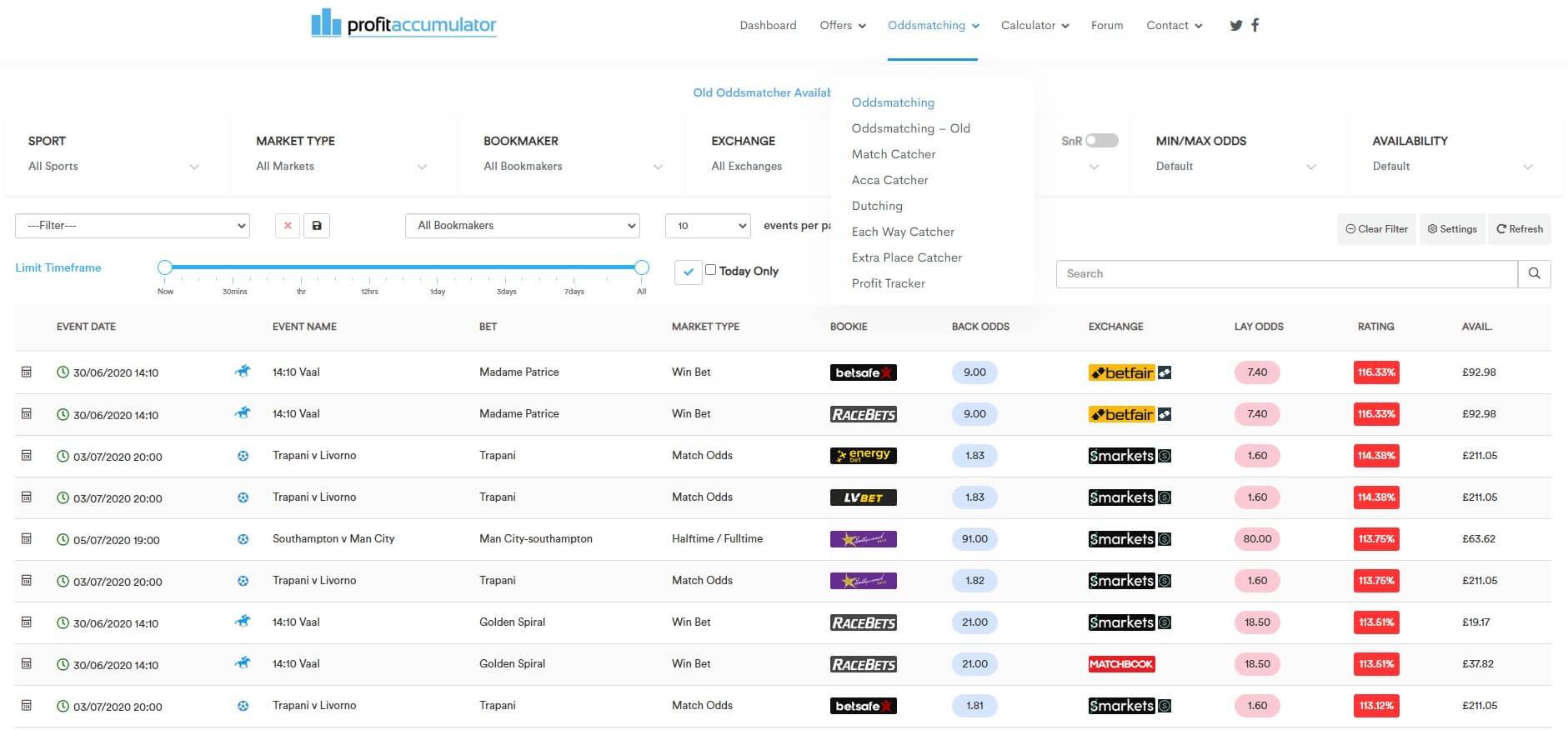 Outplayed (renamed from Profit Accumulator) oddsmatcher