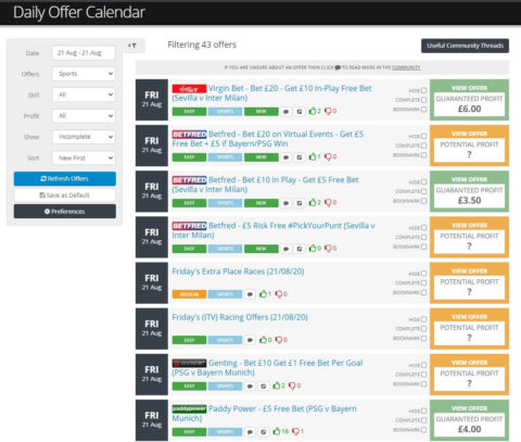 oddsmonkey daily offer calendar