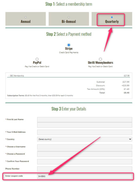 sbc how to input 75% discount code