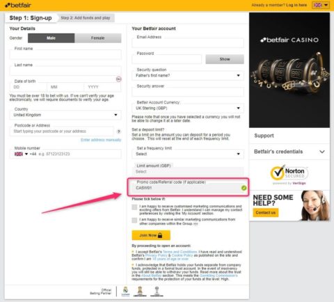 betfair casino deposit bonus promotion code sign up form