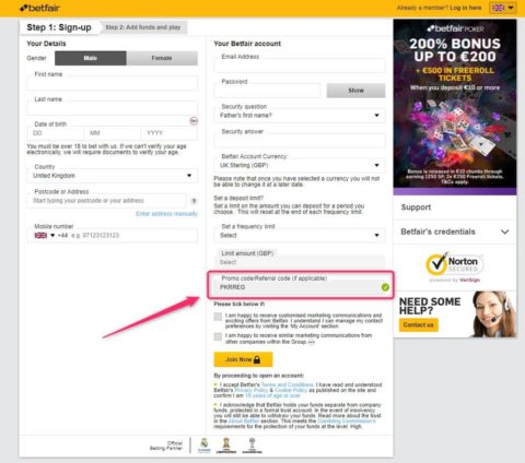 betfair poker rakeback bonus code in sign up form