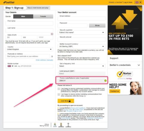 betfair sportsbook welcome offer sign up form
