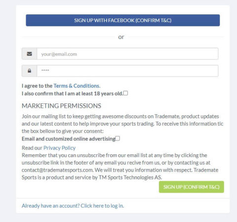 Trademate free sign up page