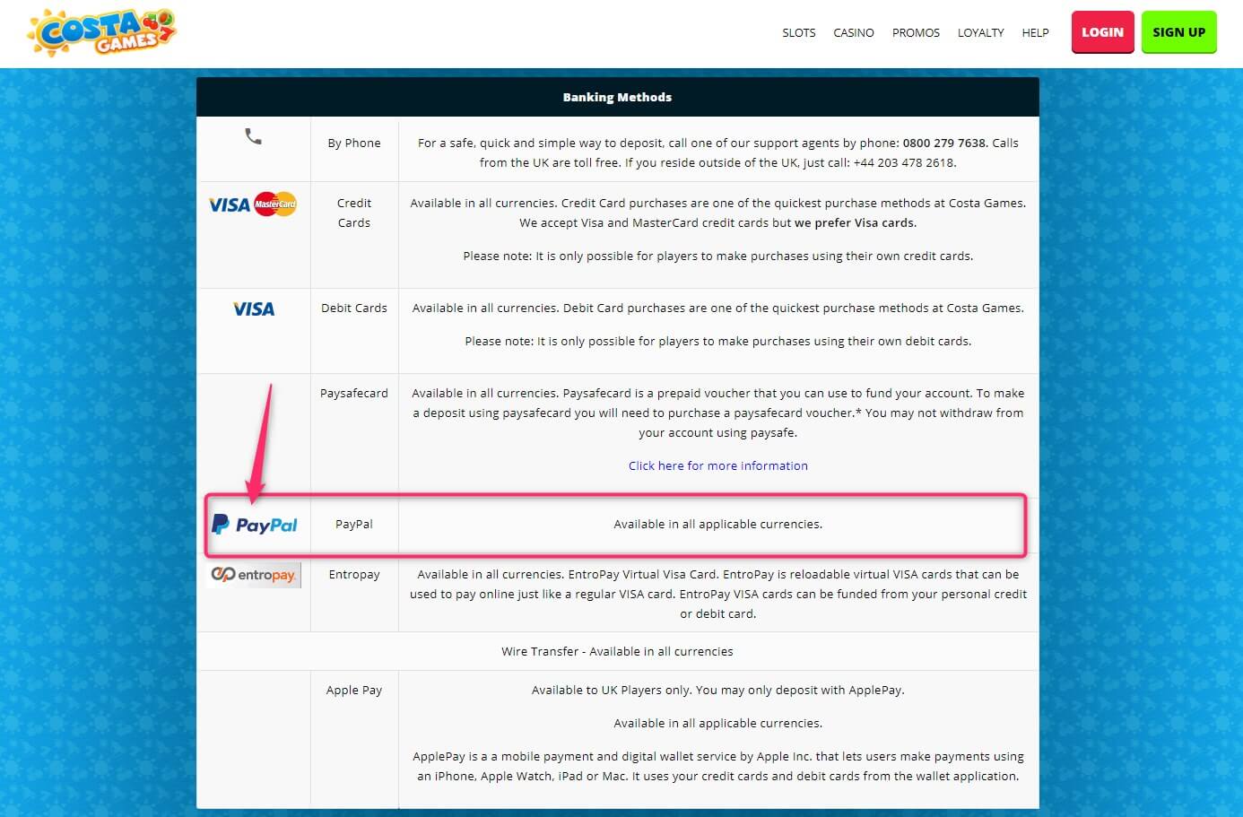 costa games paypal payment method