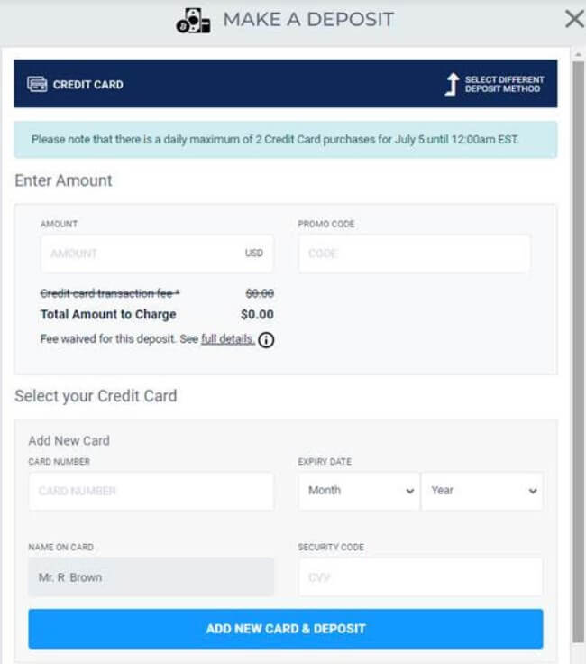 BetUS Credit Card Deposit Page