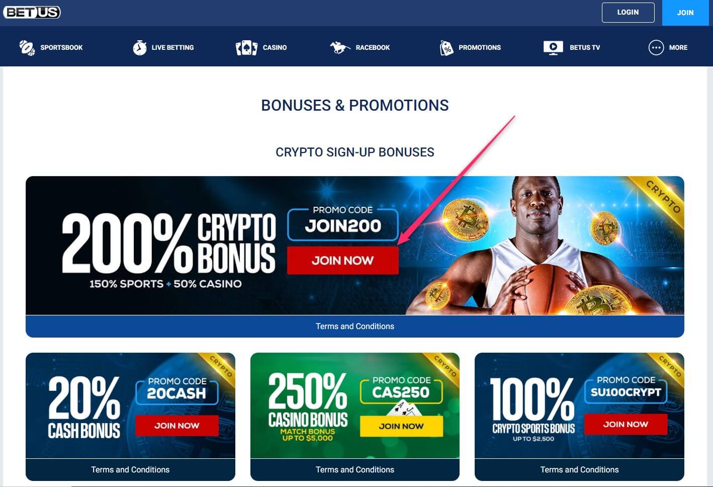 BetUS Promotion Page Join Button